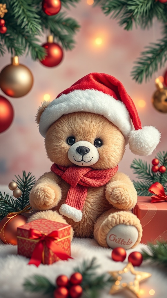 Aesthetic Christmas Teddy Bear Wallpaper Aesthetic Christmas wallpaper with a teddy bear in a Santa hat and festive decorations.